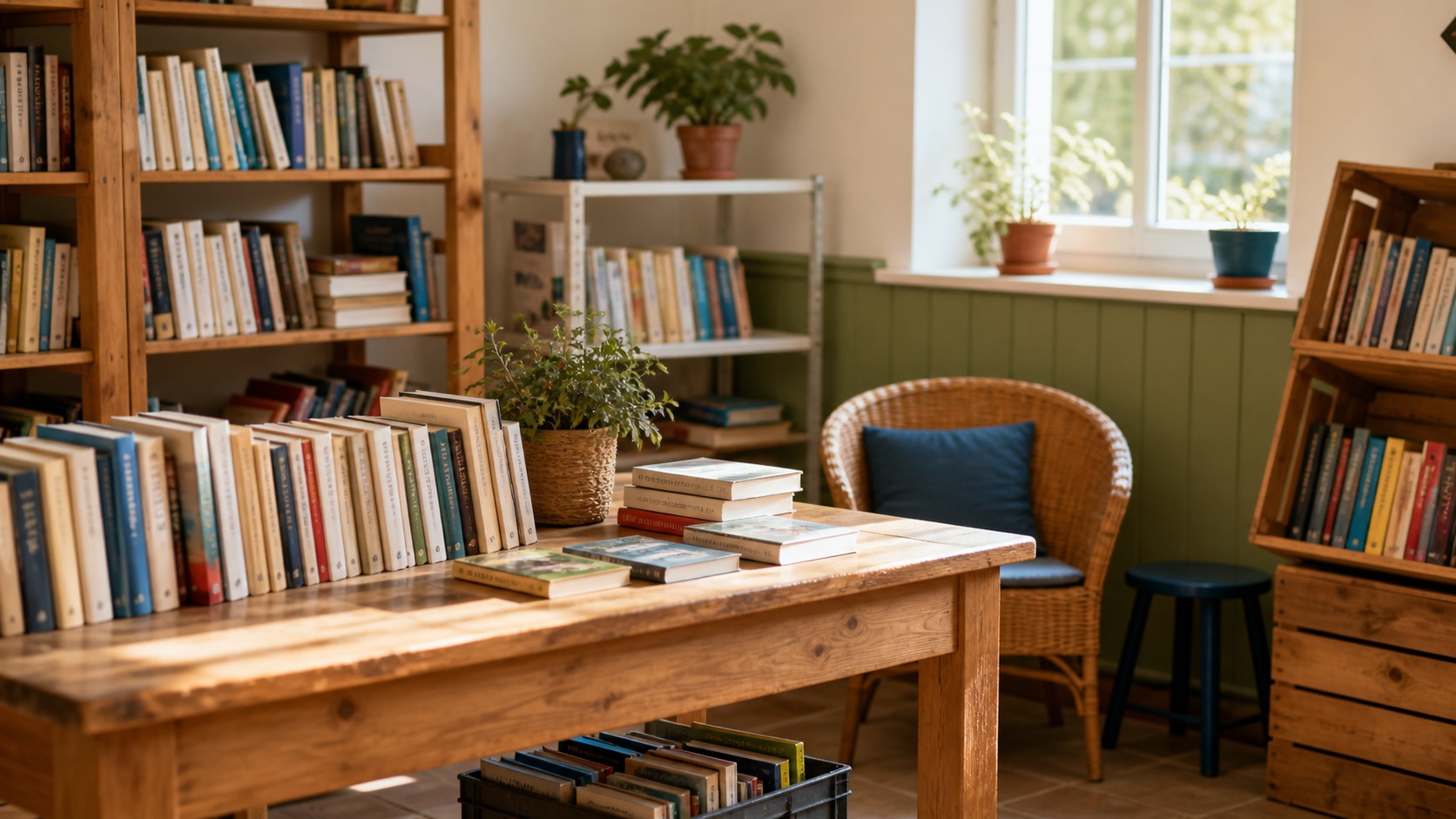 Gemütliche Bücherstube mit Bücherregalen und Tauschtisch