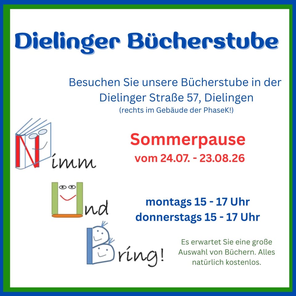Flyer der Dielinger Bücherstube mit Adresse, Sommerpause und Öffnungszeiten