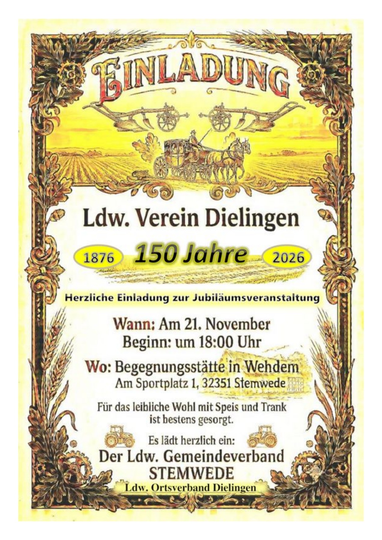 Veranstalter-Flyer: 150 Jahre Landwirtschaftlicher Verein Dielingen am 21. November 2026. Korrigierte Anschrift: Am Schulzentrum 10, 32351 Stemwede-Wehdem.