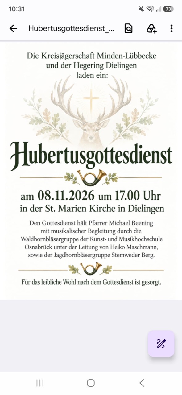 Flyer: Hubertusgottesdienst in Dielingen am 8. November 2026